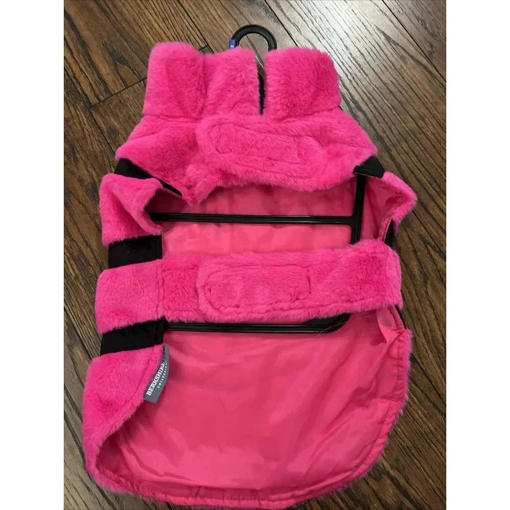 Berkshire Pet Pink‎ Black V Striped Faux Fur Dog Coat Satin Lined Medium